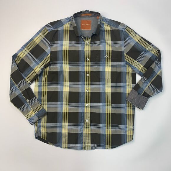 Tommy Bahama Shirt Mens M Medium Olive Plaid Long Sleeve Cotton Flip Cuff Button - Picture 2 of 11